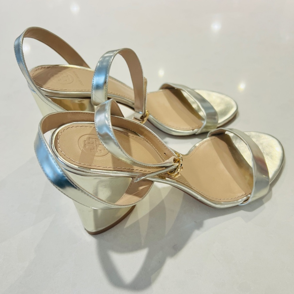 Tory Burch Gold Leather Block Heels